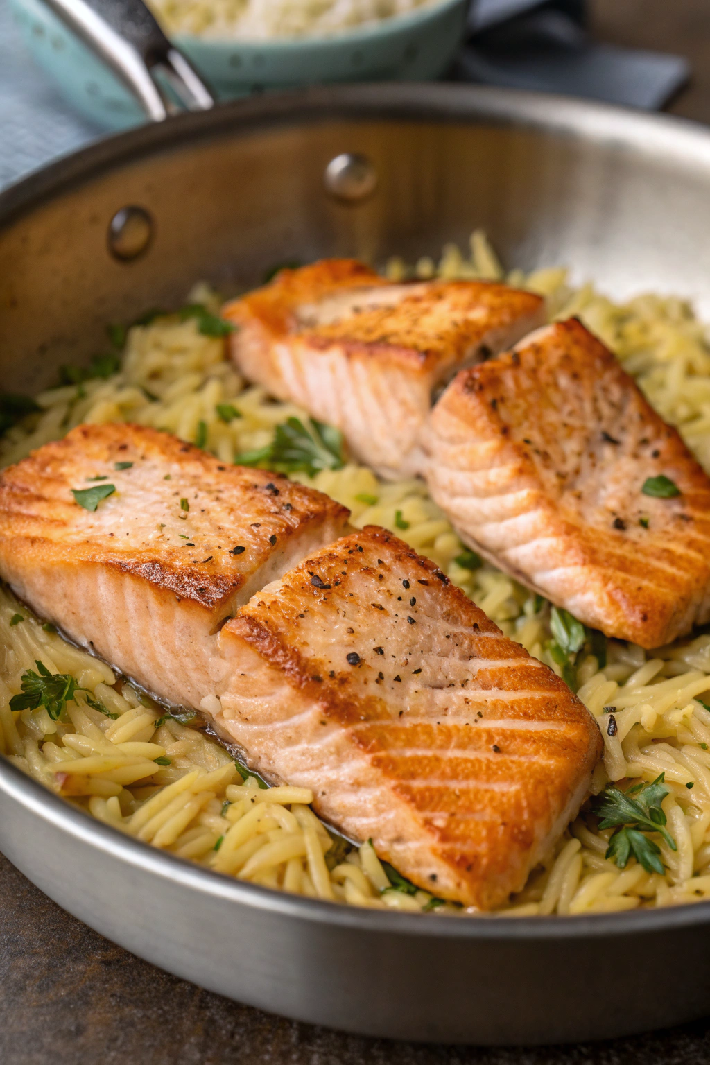 One Skillet Salmon with Lemon Orzo Recipe