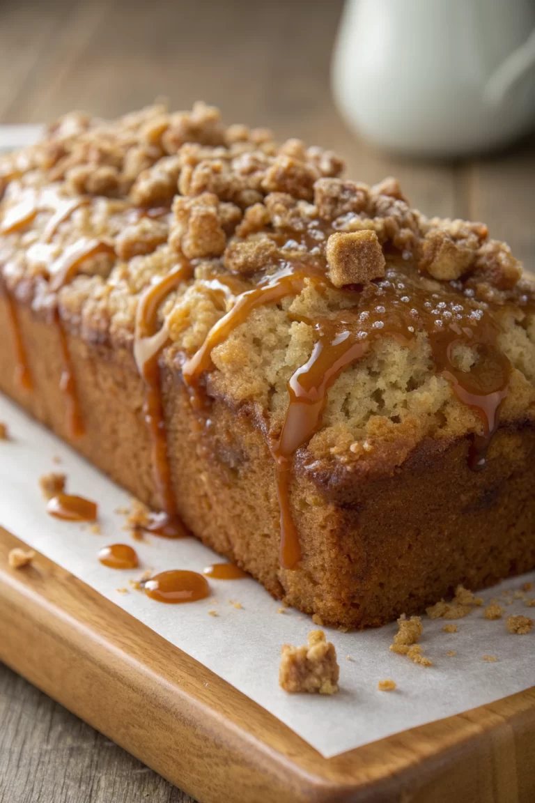 Apple Crumble Loaf Cake with Caramel Drizzle