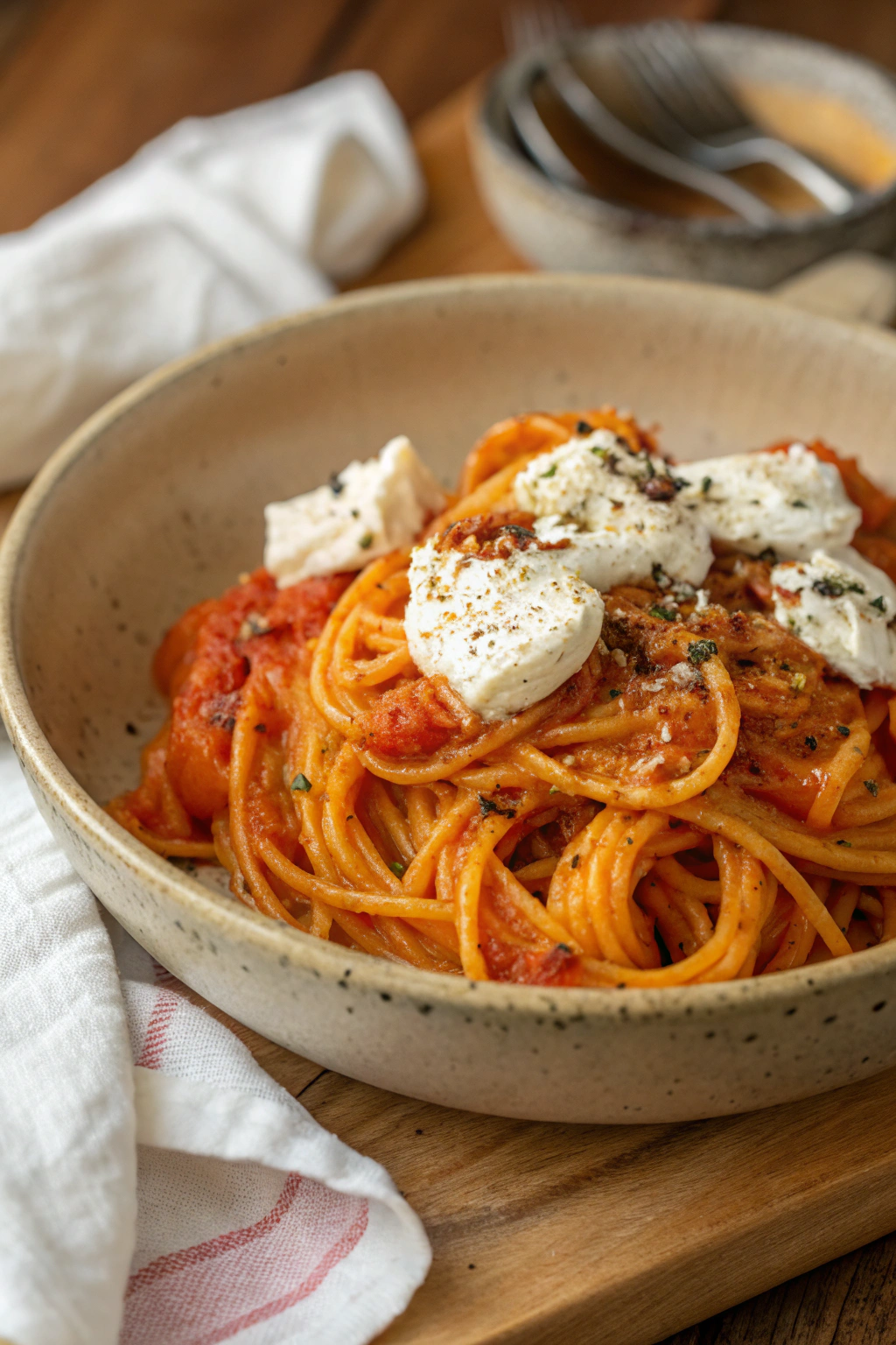Creamy Red Pepper Pasta with Burrata and Herbs