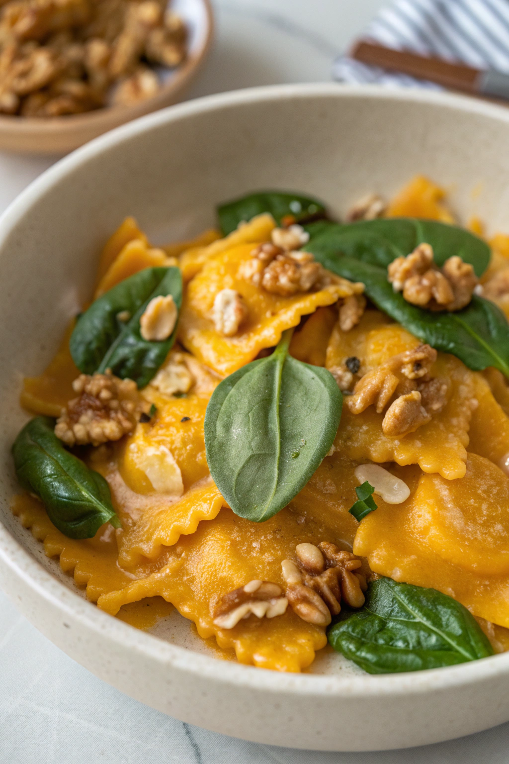 Pumpkin Pasta with Toasted Walnuts and Spinach