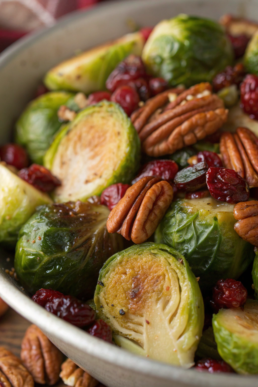 Brussels sprouts with Pecans Cranberries and Balsamic Glaze