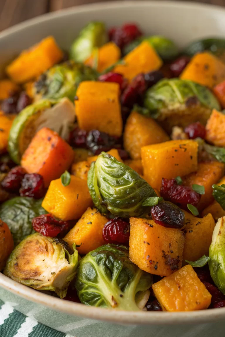 Roasted Butternut Squash Brussels sprouts with Pecans and Cranberries