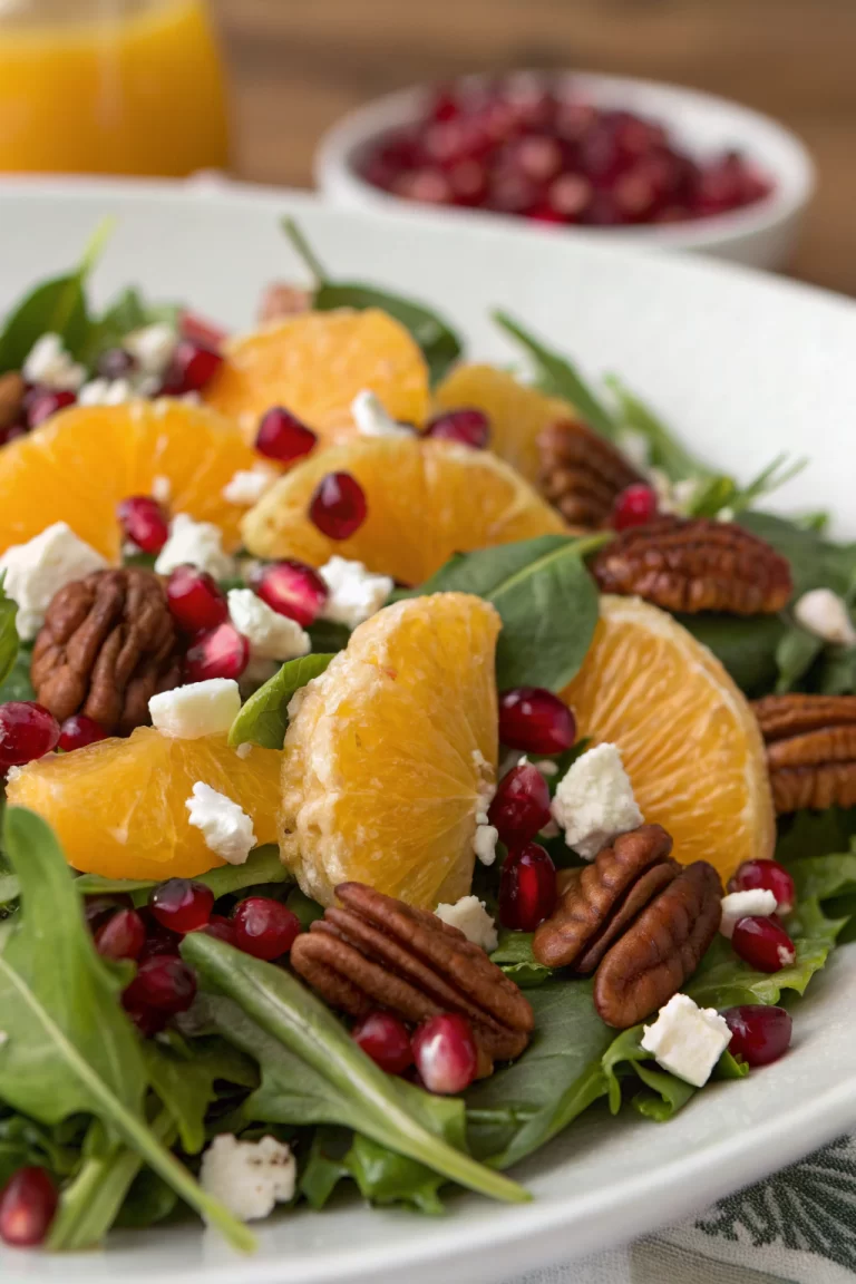 Christmas Salad with Spinach, Mandarin Oranges, Pecans, Cranberries, Pomegranate, Goat Cheese