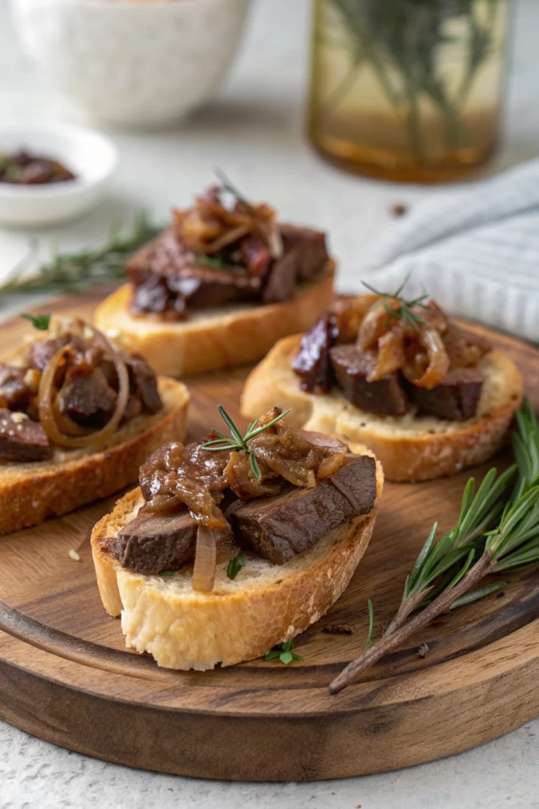 Steak Crostini with Horseradish Sauce, Caramelized Onions