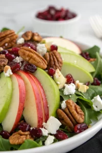 Apple Spinach Salad with Pecans Cranberries Goat Cheese and homemade Maple-Lime Mustard Dressing