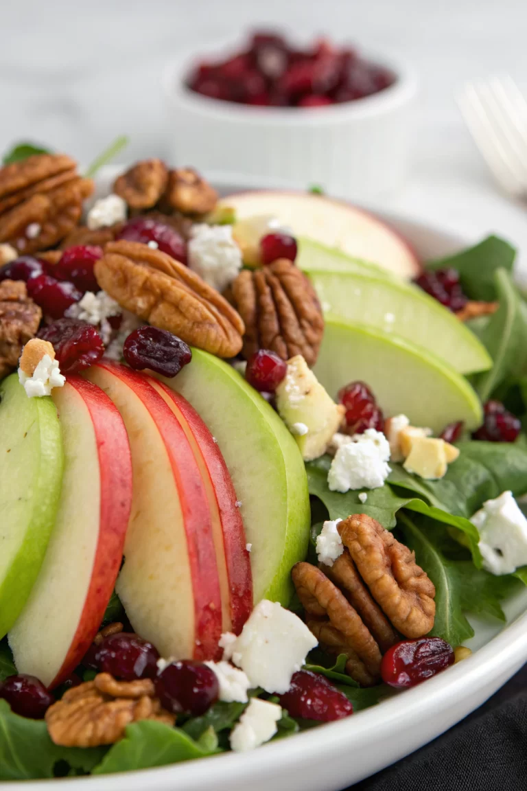 Apple Spinach Salad with Pecans Cranberries Goat Cheese and homemade Maple-Lime Mustard Dressing