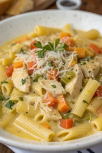 Creamy Chicken Pasta Soup Recipe with Carrot and Spinach