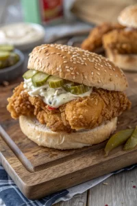 Crispy Chicken Sandwich with Pickles and Ranch Dressing