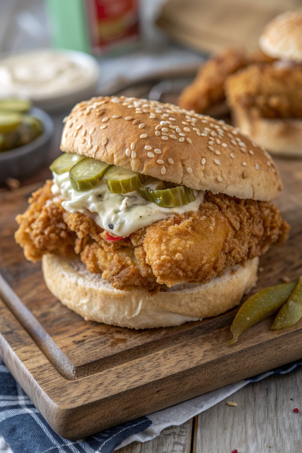 Crispy Chicken Sandwich with Pickles and Ranch Dressing