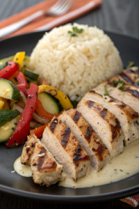 Grilled Chicken with Creamy Herb Sauce Rice Veggies