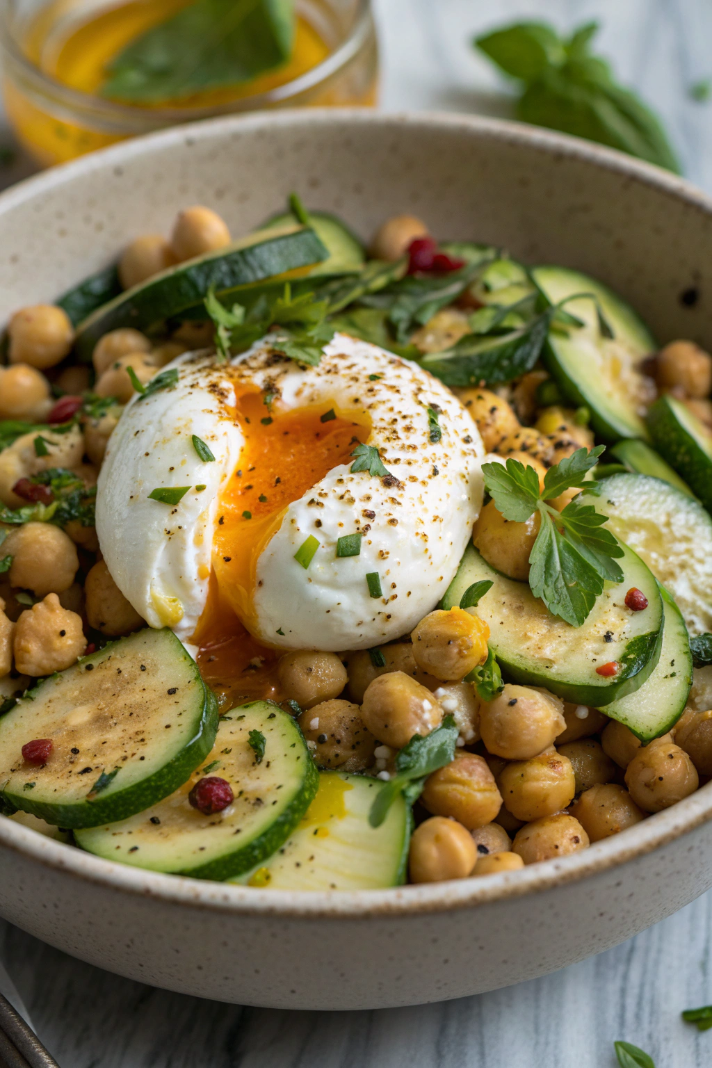 Grilled Zucchini Chickpea Salad with Burrata and Chili Oil