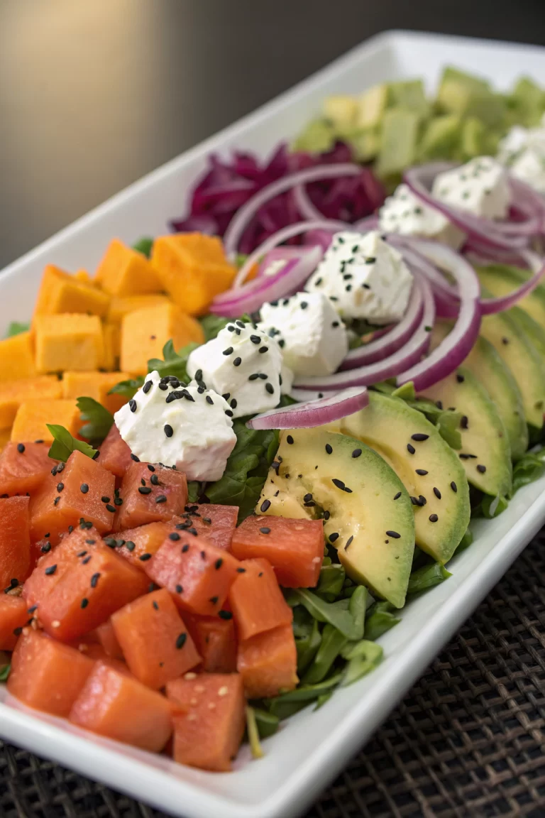 Roasted Beet Sweet Potato Avocado Salad with Whipped Ricotta & Lemon-Tahini Drizzle