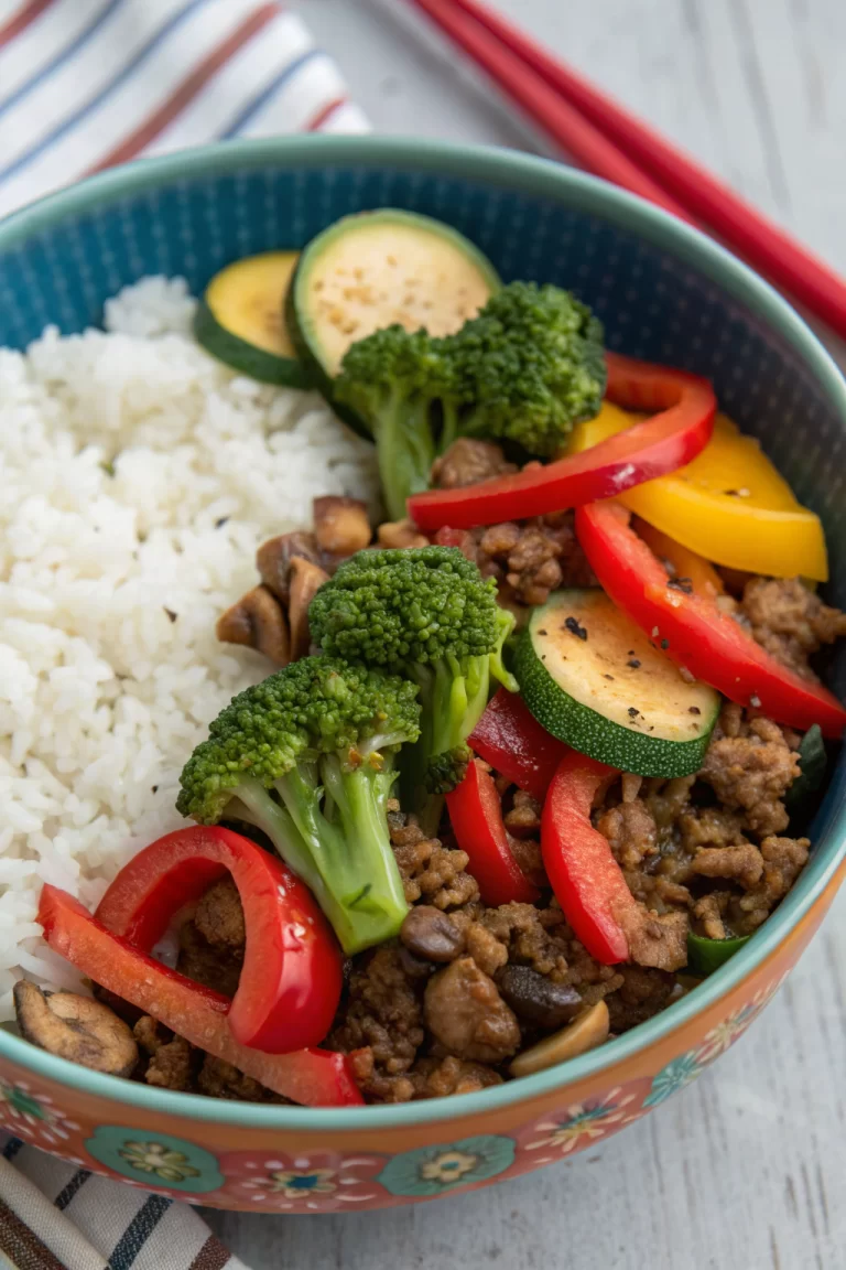 Spicy Ground Beef Stir-Fry Bowl with Garlic Veggies & Steamy Rice