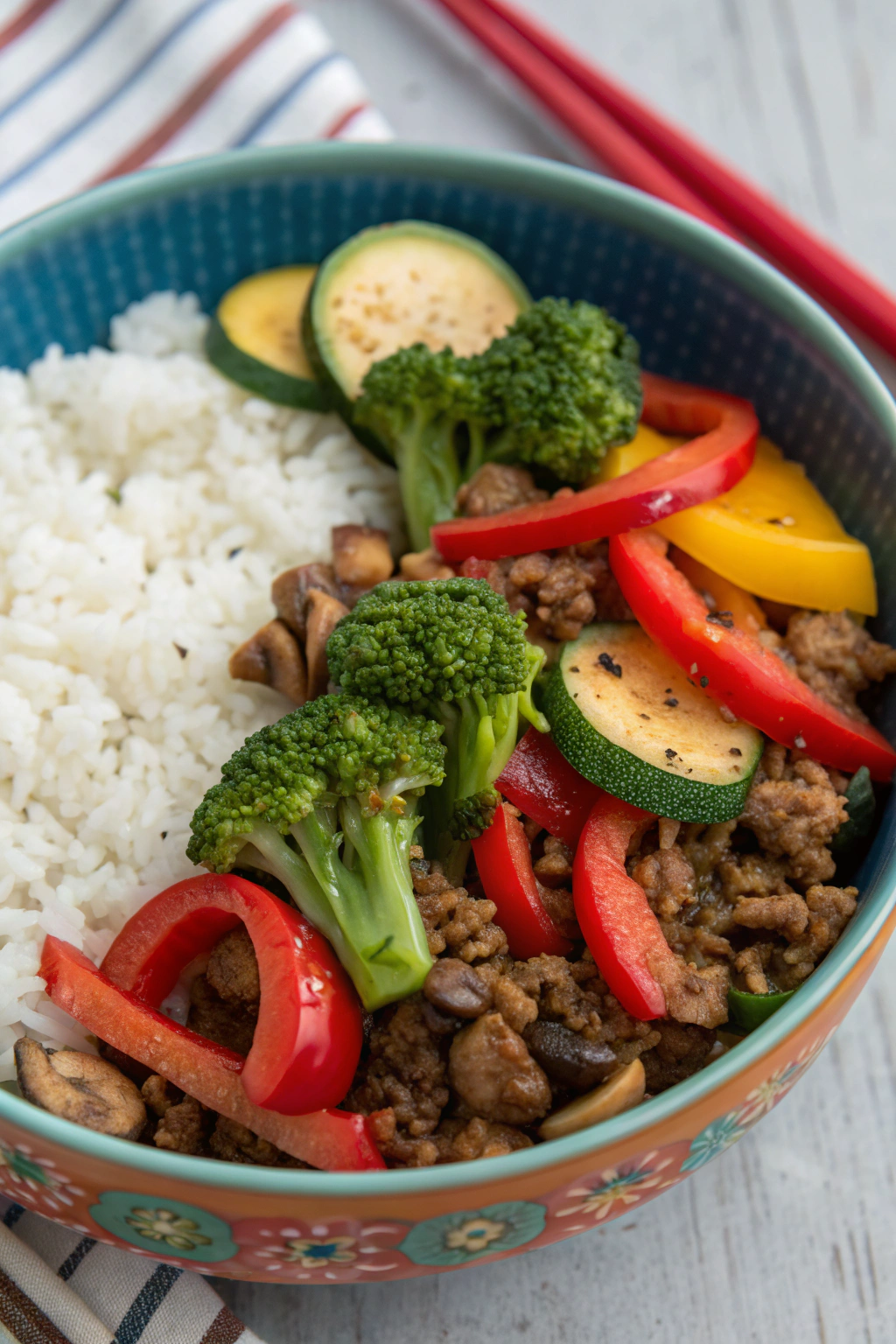 Spicy Ground Beef Stir-Fry Bowl with Garlic Veggies & Steamy Rice