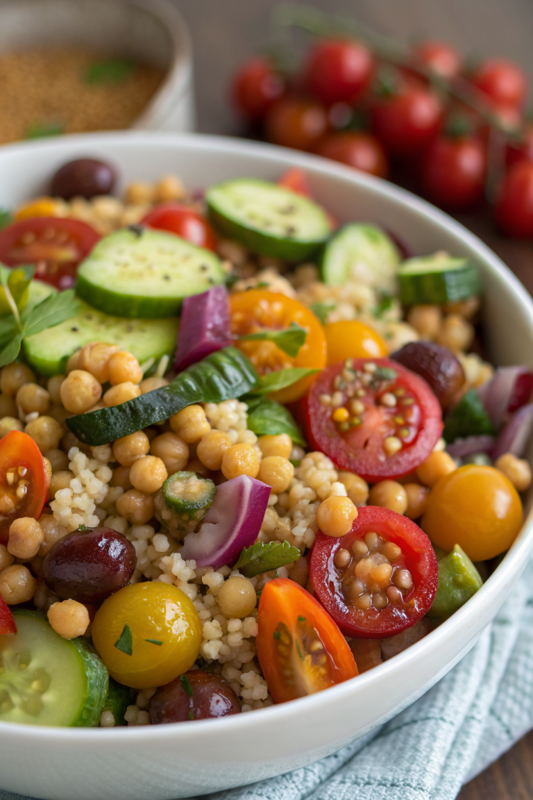 Summer Pearl Couscous Salad with Crispy Chickpeas