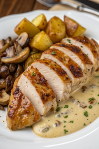 Creamy Garlic Chicken with Roasted Potatoes and Mushrooms Recipe