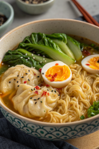 Dumpling Ramen Bowl with Soft-Boiled Eggs and Fresh Greens
