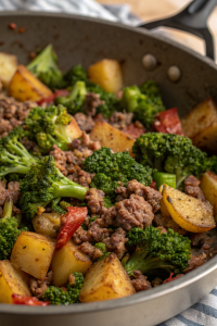 Ground Beef with Herb-Roasted Potatoes & Steamed Broccoli