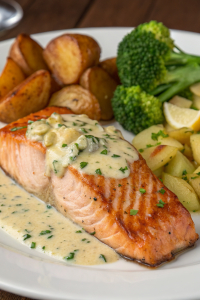 Lemon Butter Salmon with Crispy Potatoes and Broccoli