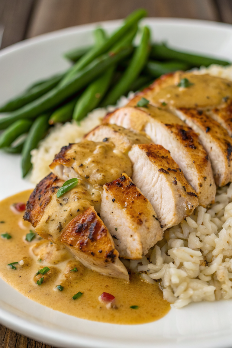 Creamy Herb Chicken with Green Beans Steamed Rice