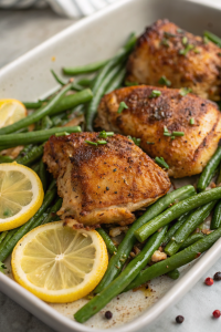 Lemon Garlic Butter Chicken Thighs with Green Beans Skille