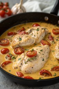 Creamy Pesto Chicken with Roasted Tomatoes & Spinach