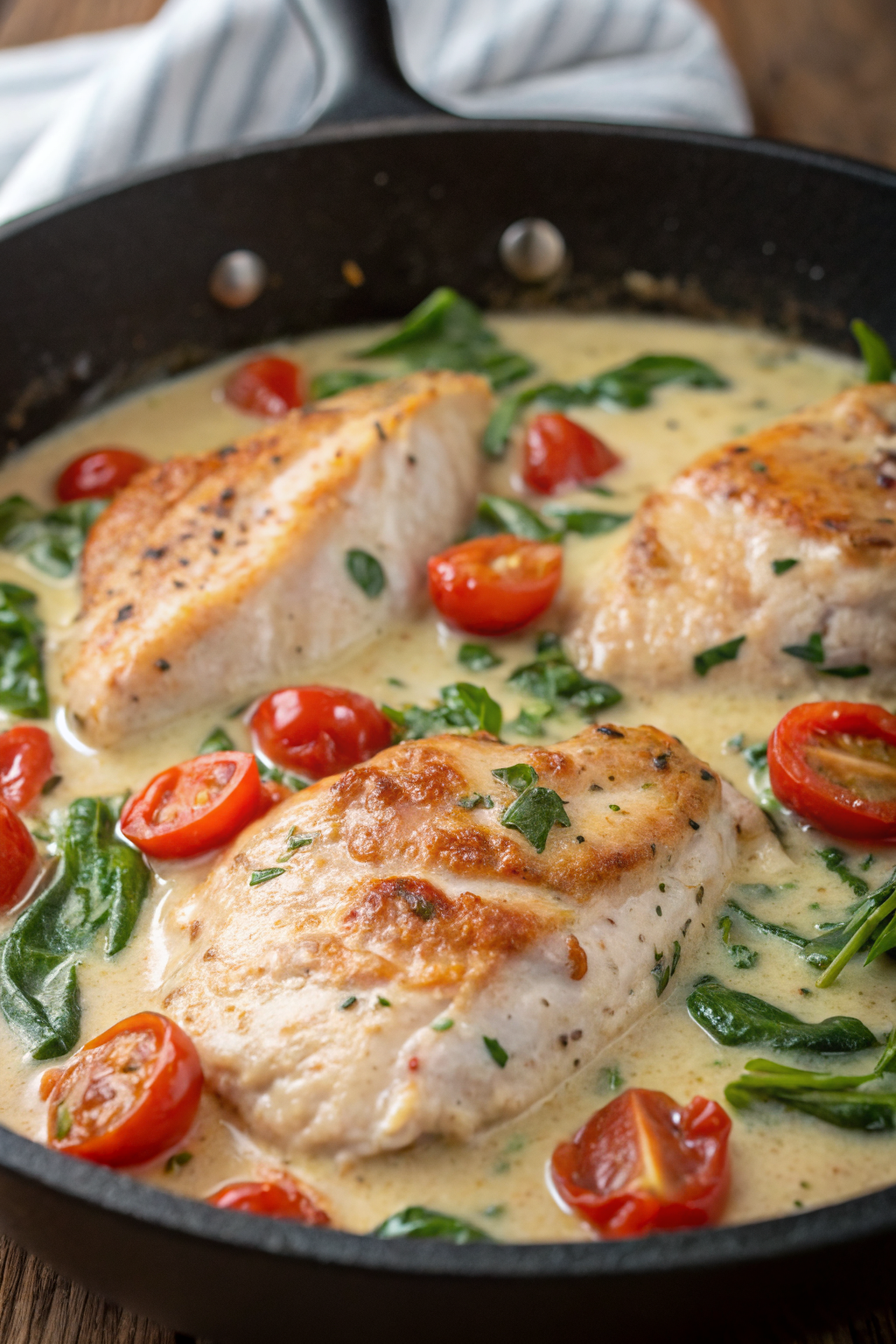 Creamy Pesto Chicken with Roasted Tomatoes Spinach