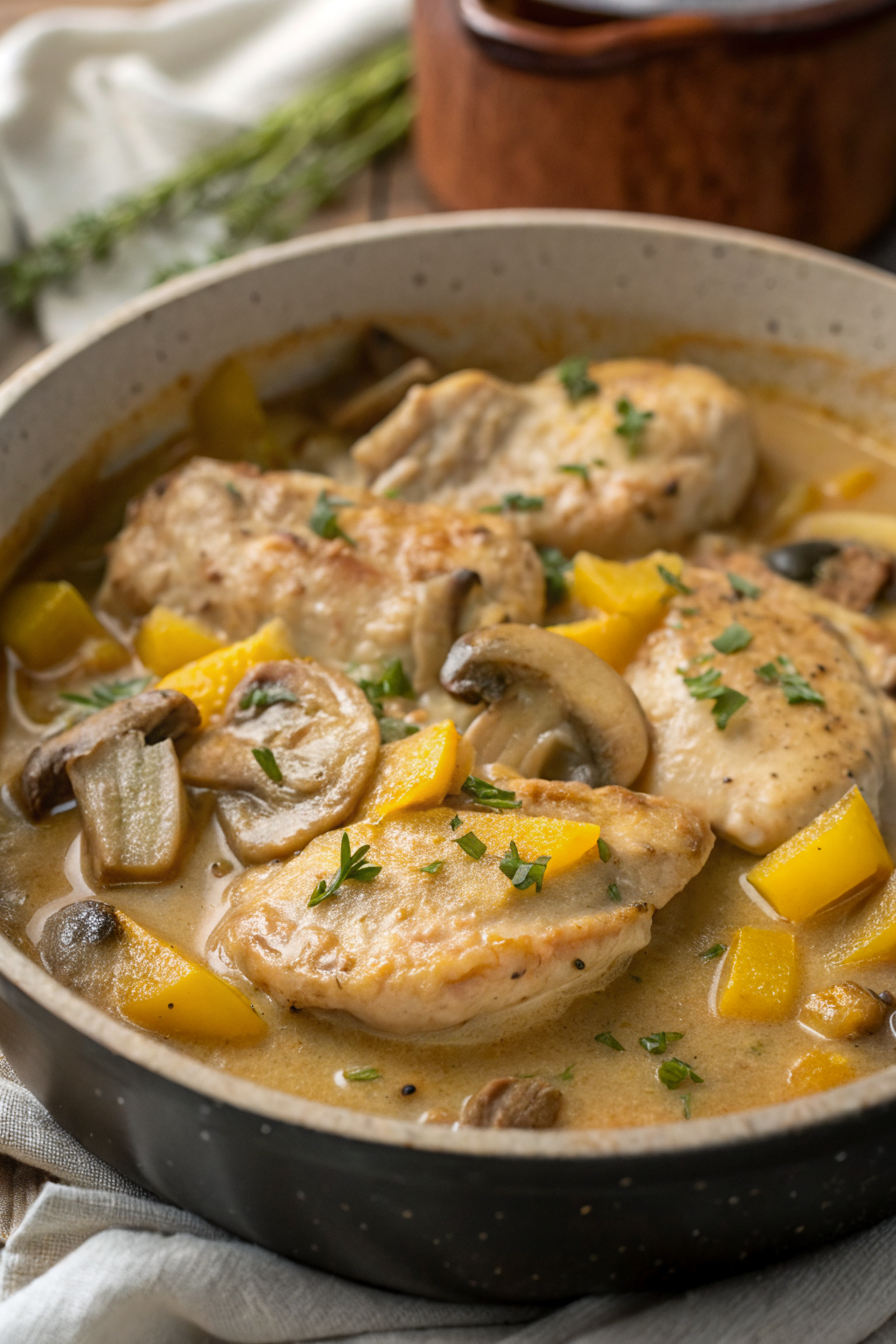 Herb Roasted Chicken in Creamy White Sauce with Mushroom Potatoes